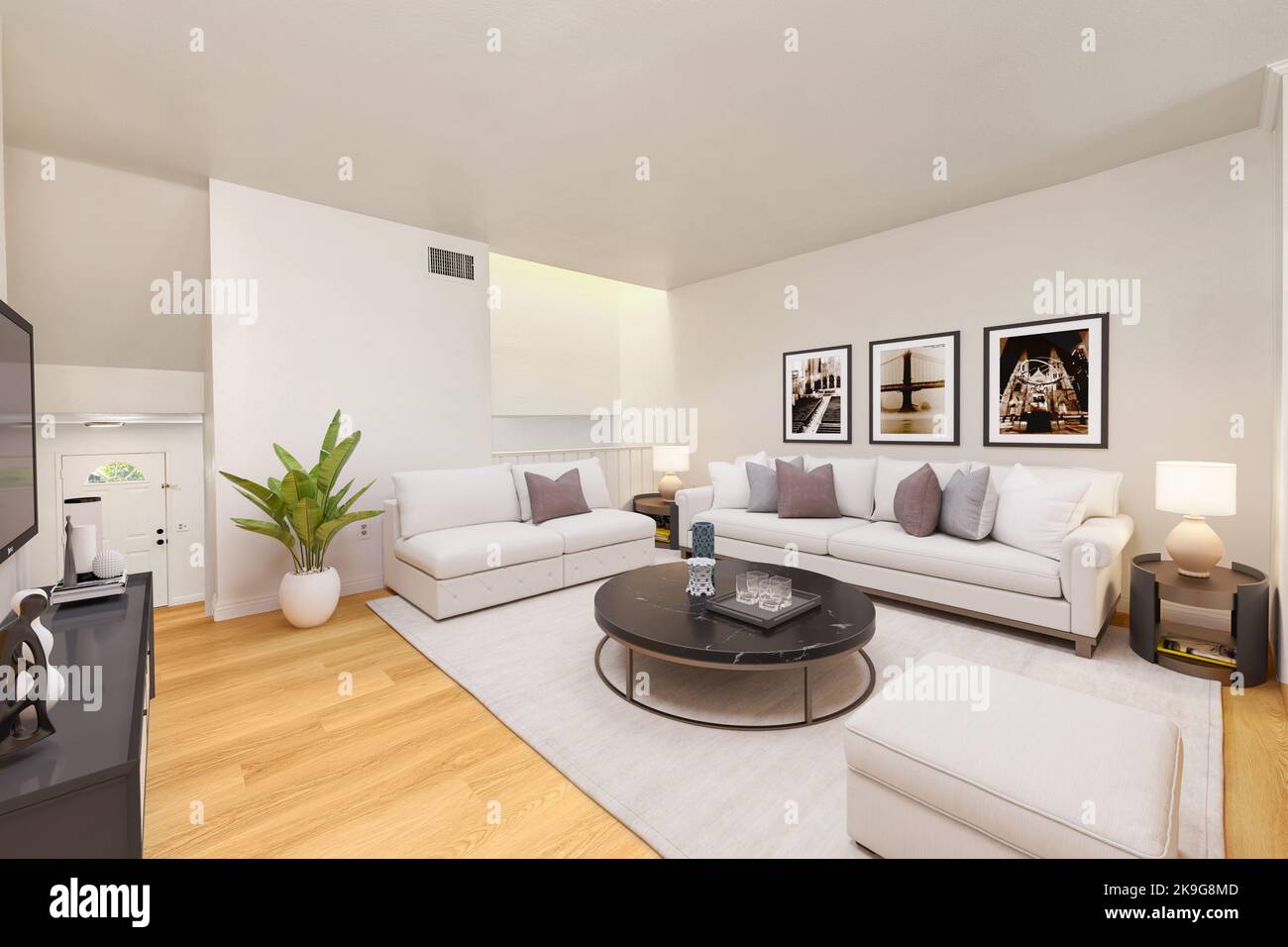 Sala de estar contemporánea con vista de concepto abierto a través de la  cocina comedor con sofá grande y mesa redonda. Ilustración 3D Fotografía de  stock - Alamy