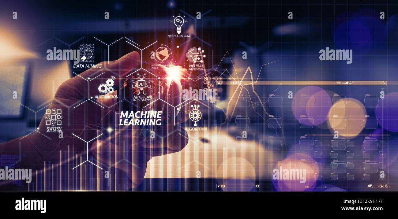 La tecnología de aprendizaje automático diagrama con inteligencia artificial (AI),red neuronal, automatización, la minería de datos en pantalla de VR.mano mostrando los elementos tierra. Foto de stock