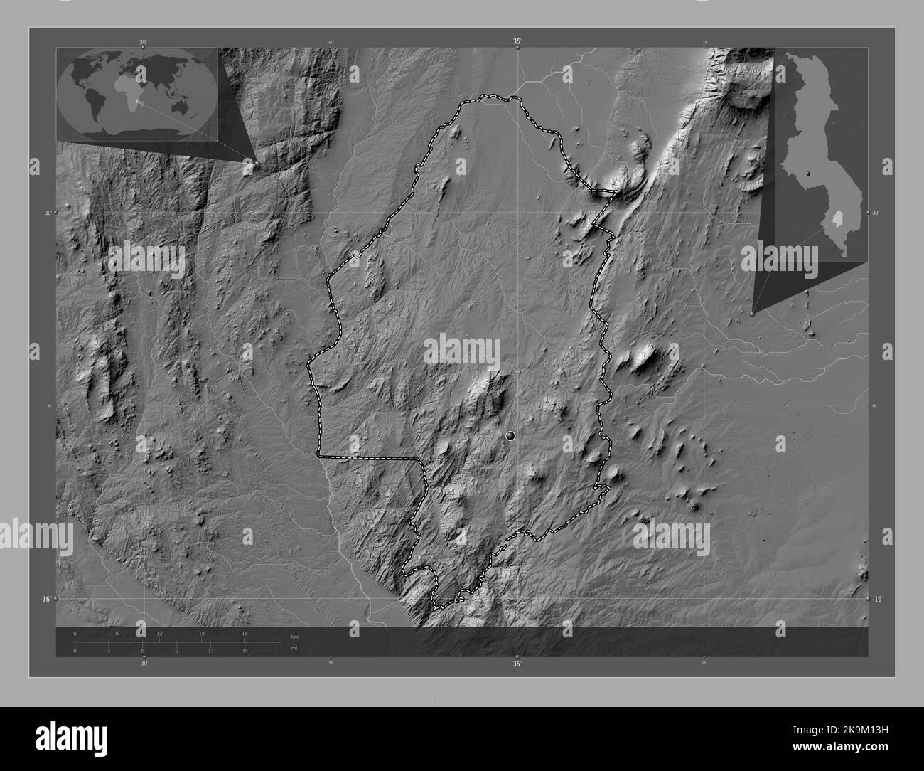 Blantyre, distrito de Malawi. Mapa de elevación en dos niveles con