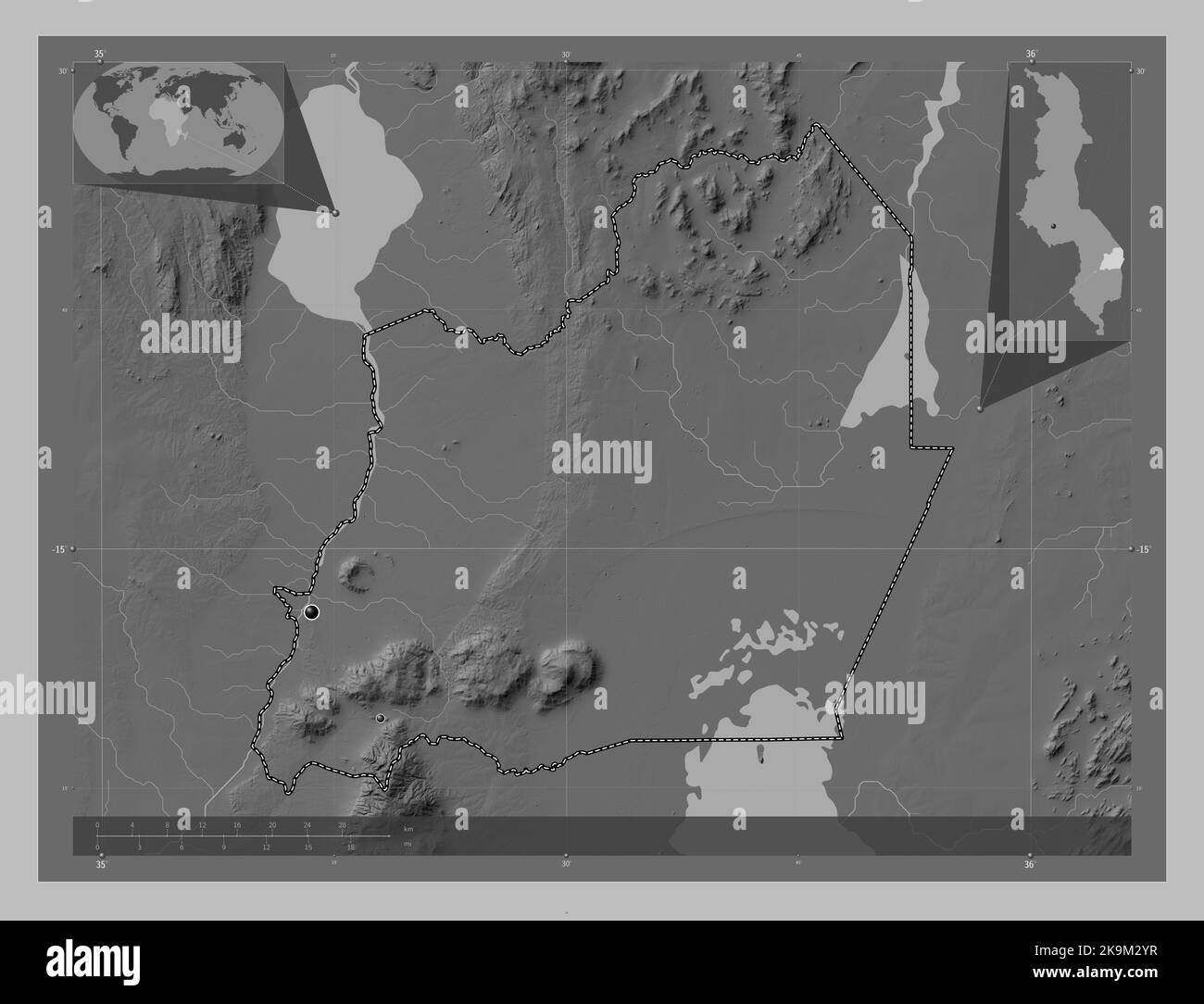 Machinga, distrito de Malawi. Mapa de elevación en escala de grises con