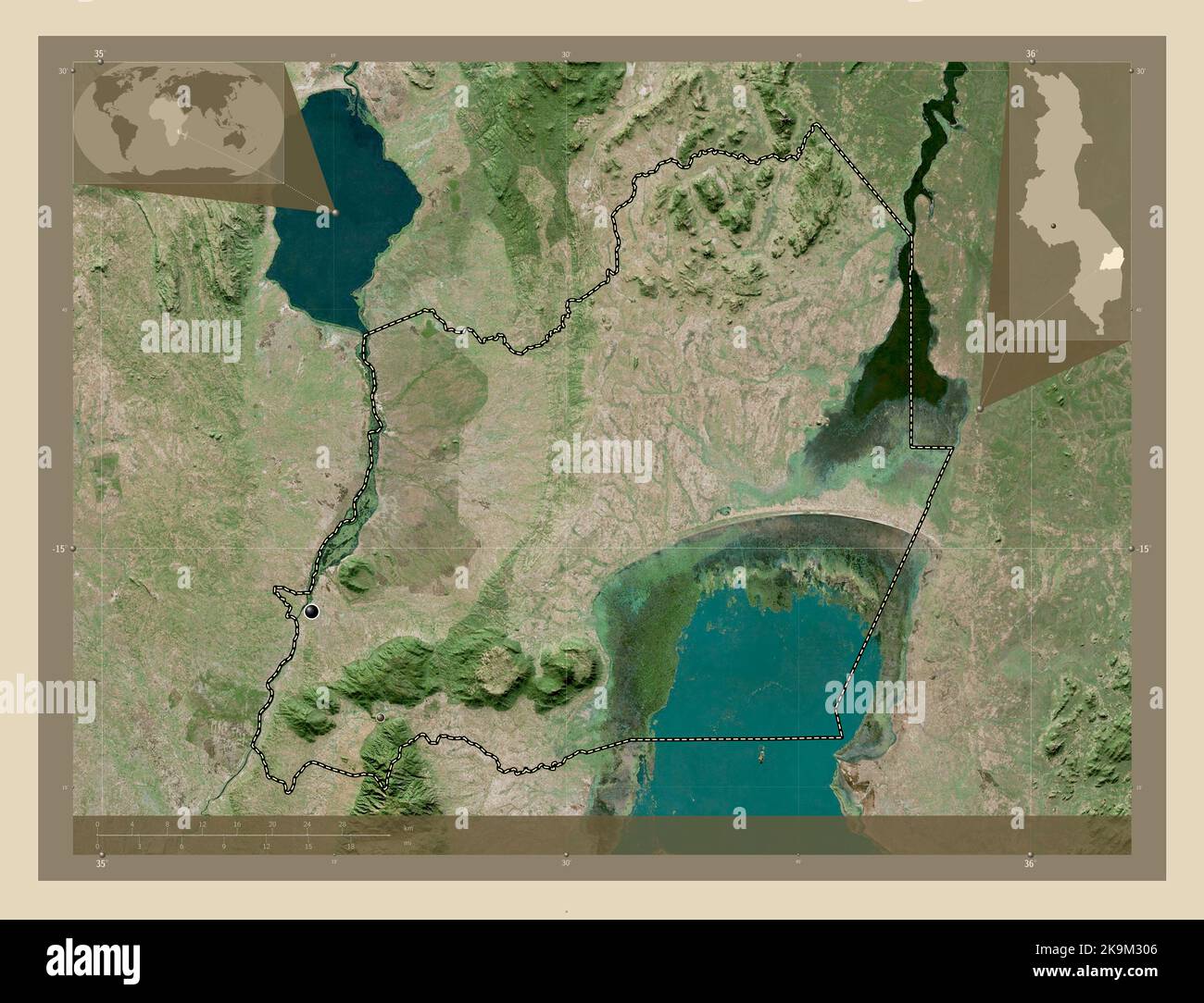 Machinga, distrito de Malawi. Mapa satelital de alta resolución