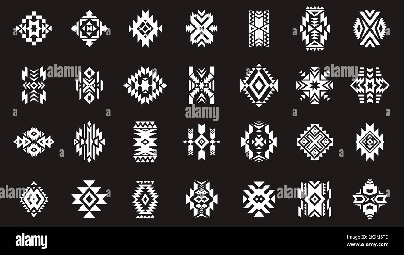 Tatuaje geométrico azteca. Ornamentos decorativos abstractos étnicos, diseño de motivos tribales indios americanos antiguos, fondo negro aislado. Conjunto de vectores Ilustración del Vector
