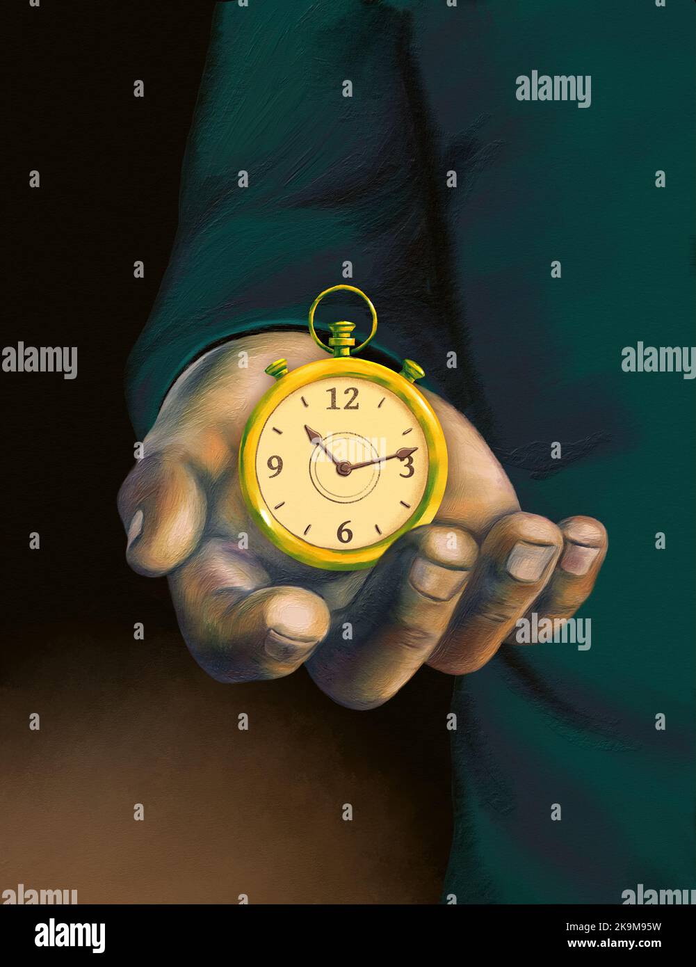 Mano abierta mostrando un reloj antiguo. Ilustración digital pintada a mano. Foto de stock