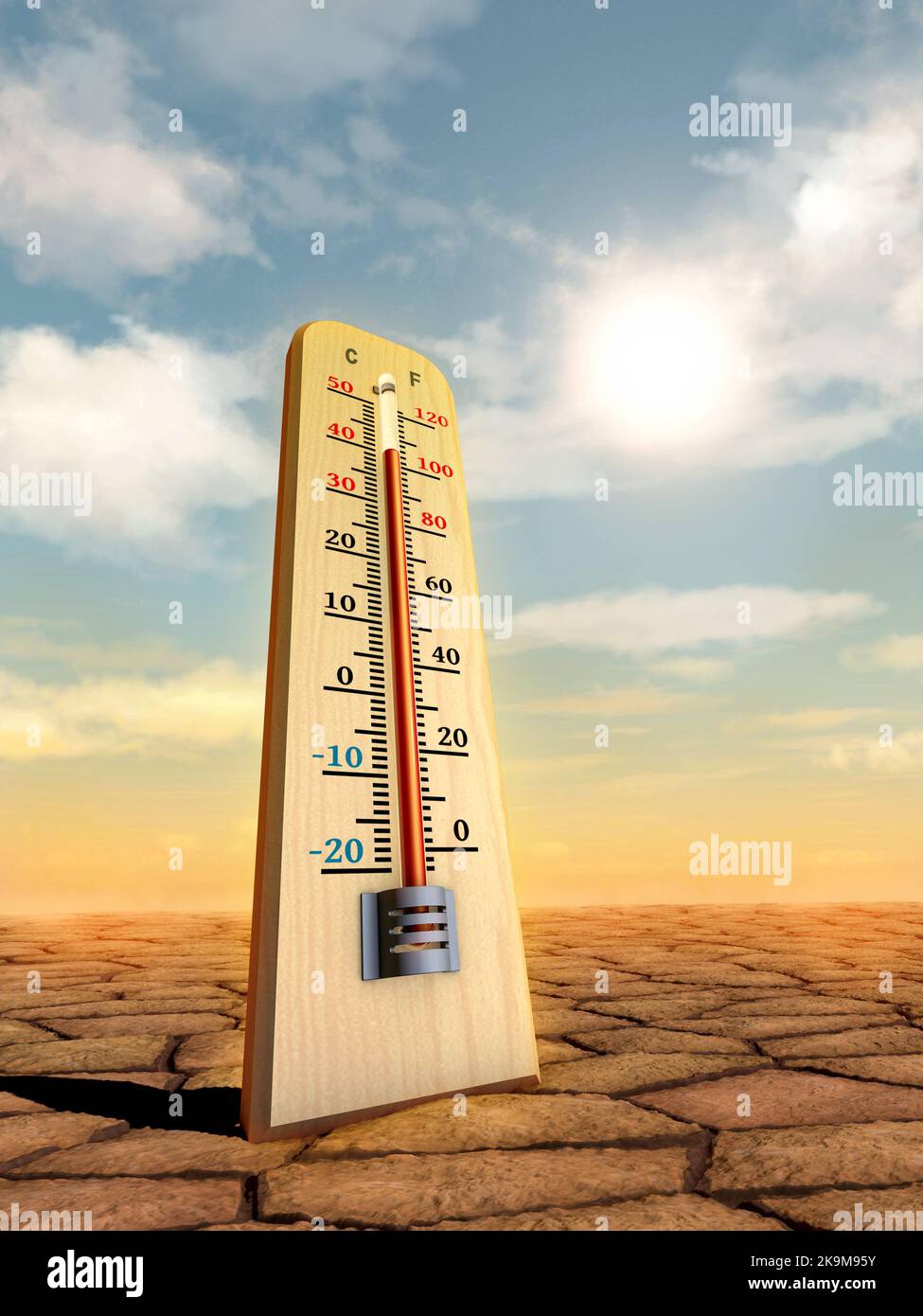 Aumento de las temperaturas causado por el calentamiento global. Ilustración digital, representación 3D. Foto de stock