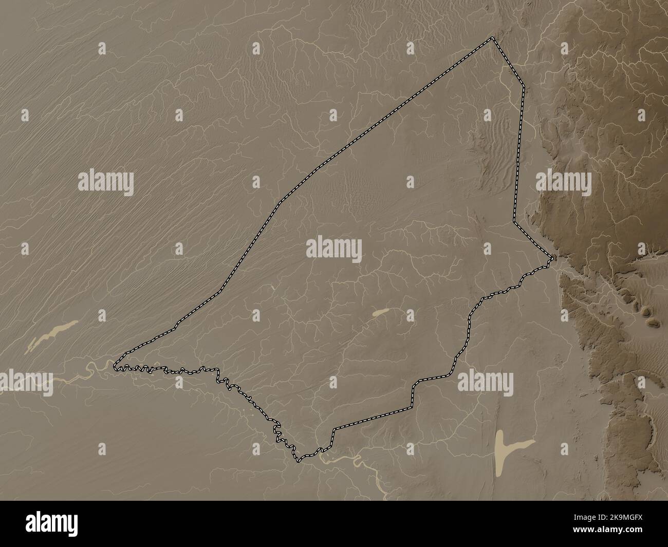 Brakna, región de Mauritania. Mapa de altura coloreado en tonos sepia