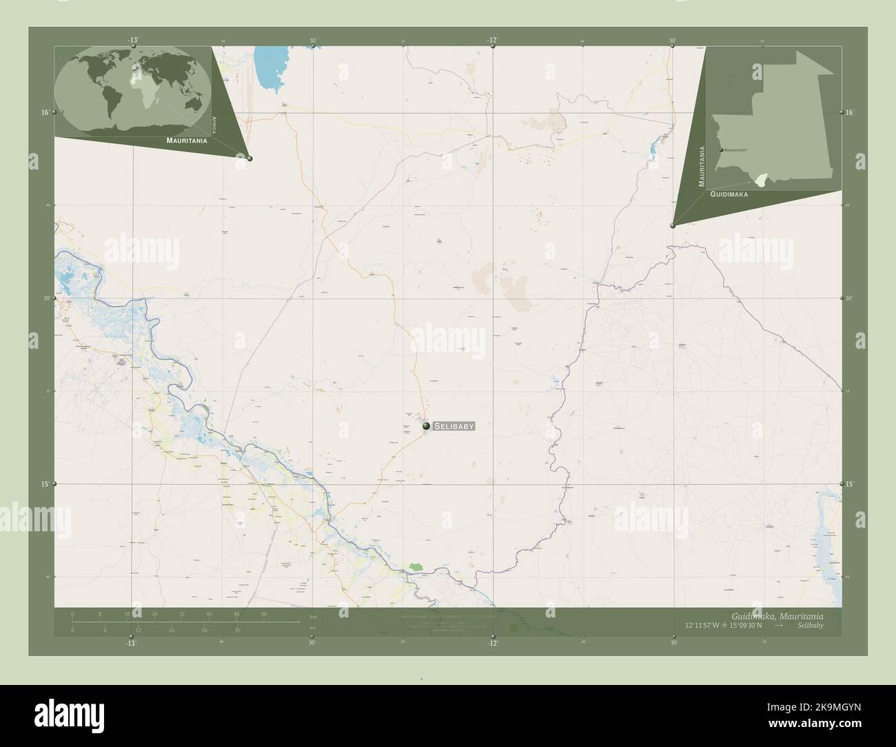 Guidimaka, región de Mauritania. Abra Street Map. Lugares y nombres de