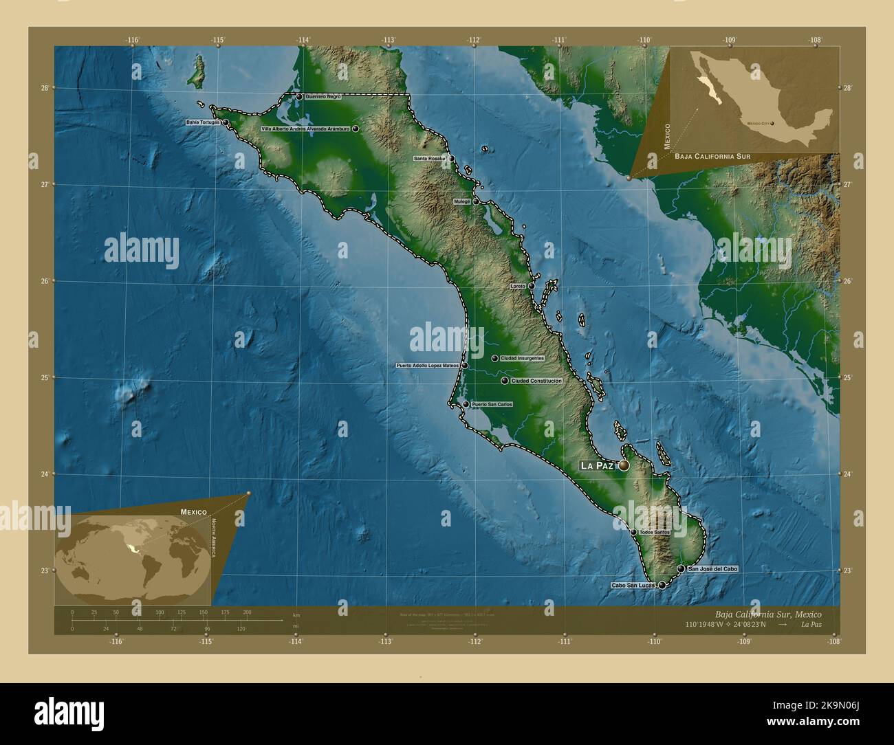 Baja California Sur, estado de México. Mapa de altura en color con