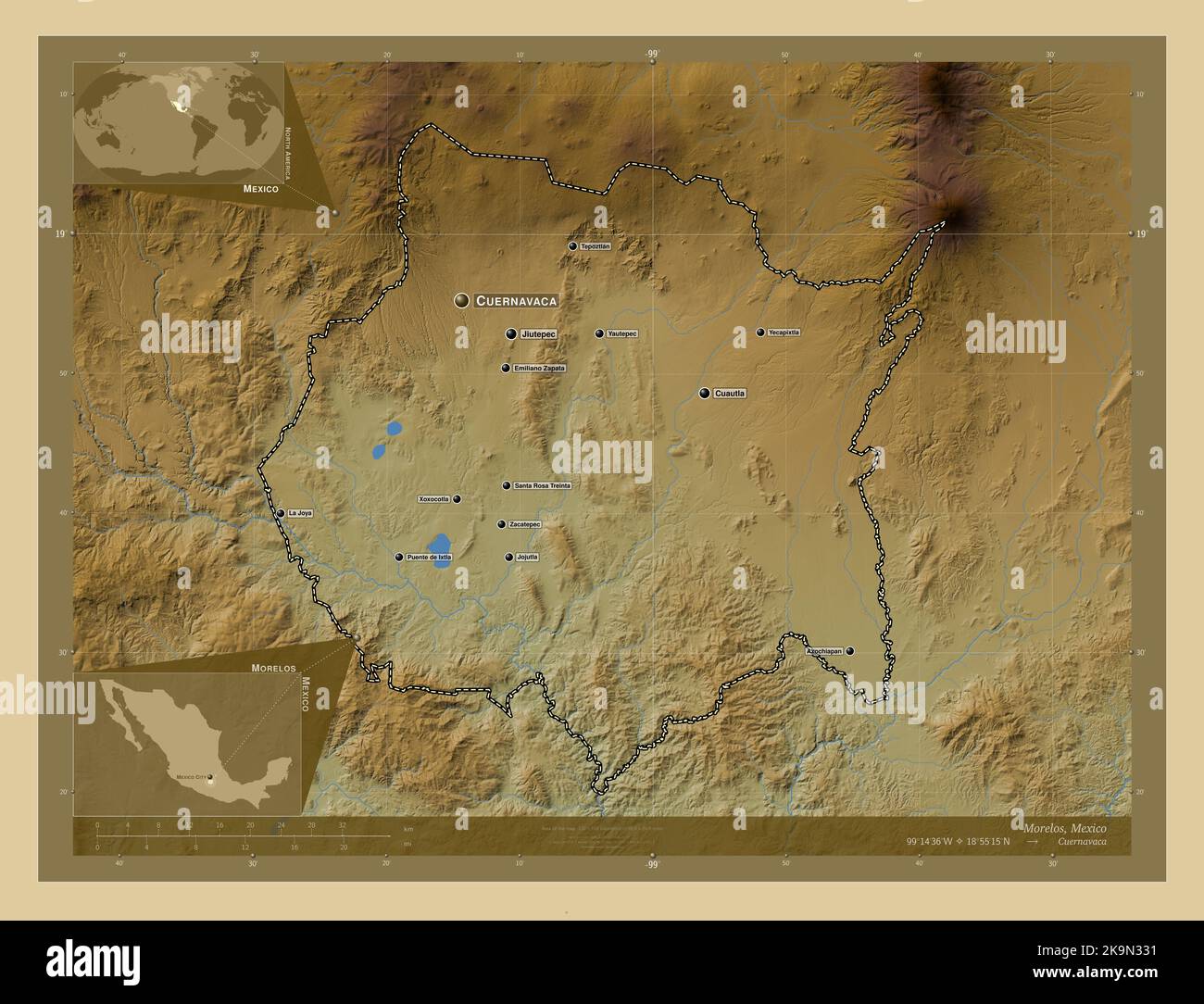 Morelos, estado de México. Mapa de altura en color con lagos y ríos