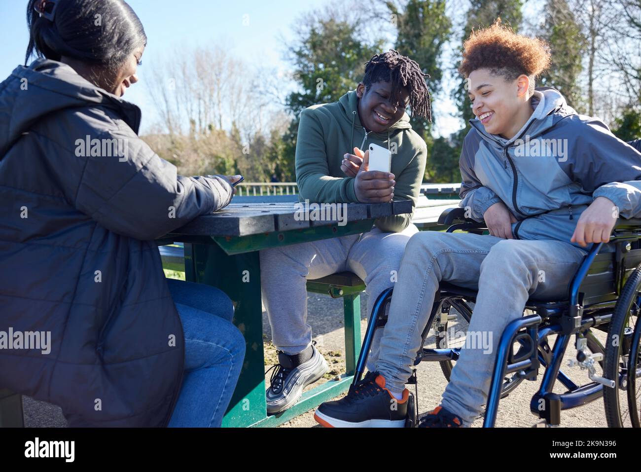 Adolescente en silla de ruedas con amigos mirando los medios sociales en los teléfonos móviles en el parque Foto de stock