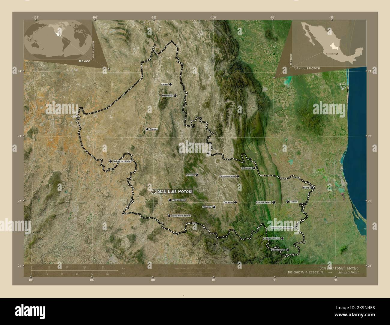 San Luis Potosí, estado de México. Mapa satelital de alta resolución