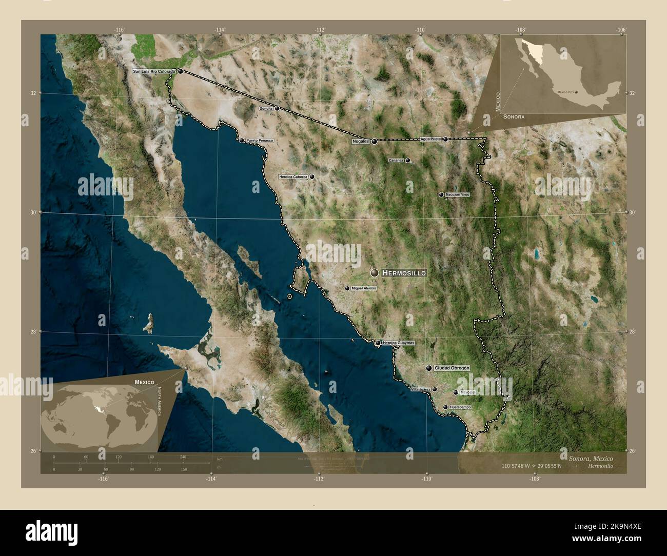 Sonora, estado de México. Mapa satelital de alta resolución. Lugares y