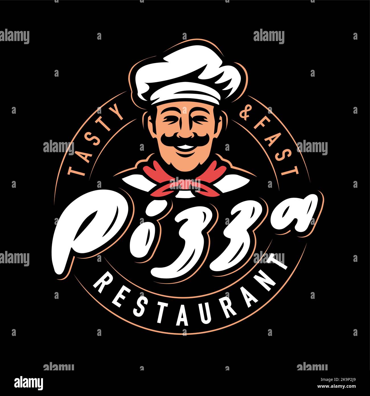 DISEÑO emblema restaurante PIZZA. Chef divertido con logotipo de