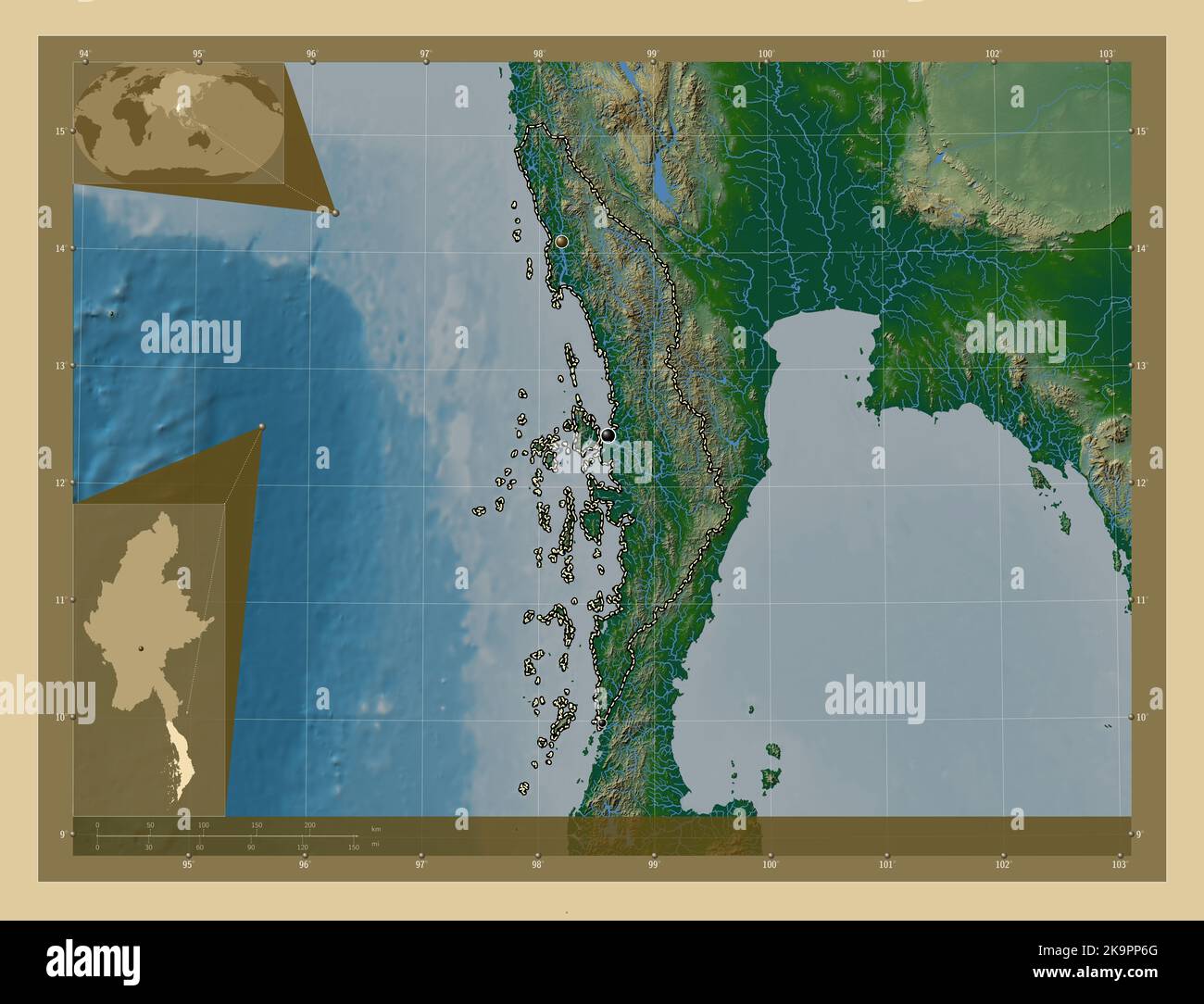 Tanintharyi, división de Myanmar. Mapa de altura en color con lagos y