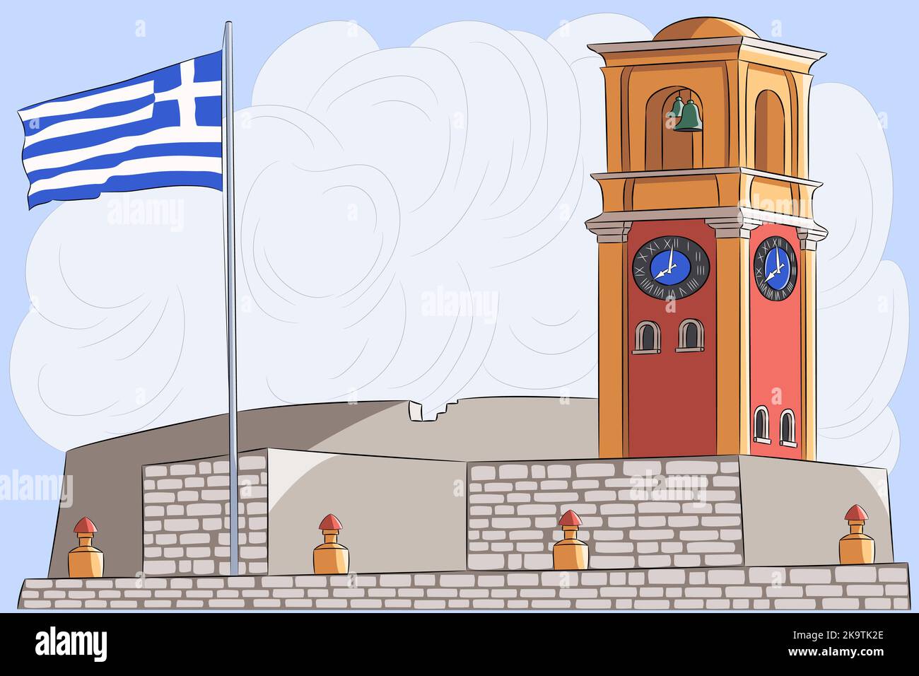 Bandera griega sobre la antigua fortaleza y la torre del reloj en Corfú. Grecia. Ilustración vectorial. Ilustración del Vector