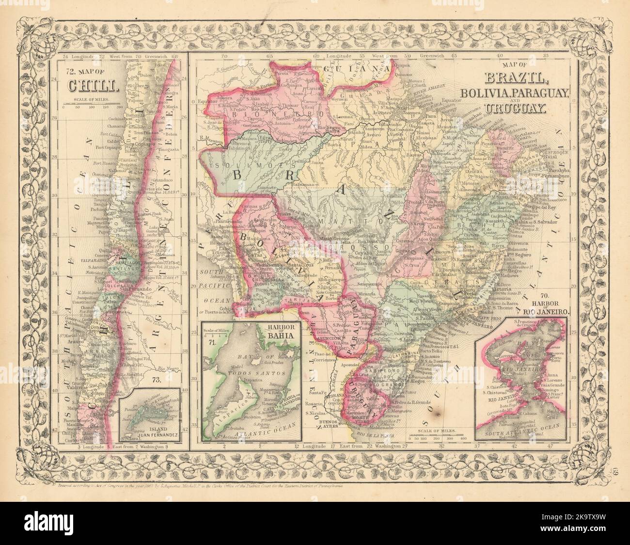 Brasil Bolivia Paraguay Uruguay Chile. Río de Janeiro y Bahía. MAPA MITCHELL 1869 Foto de stock