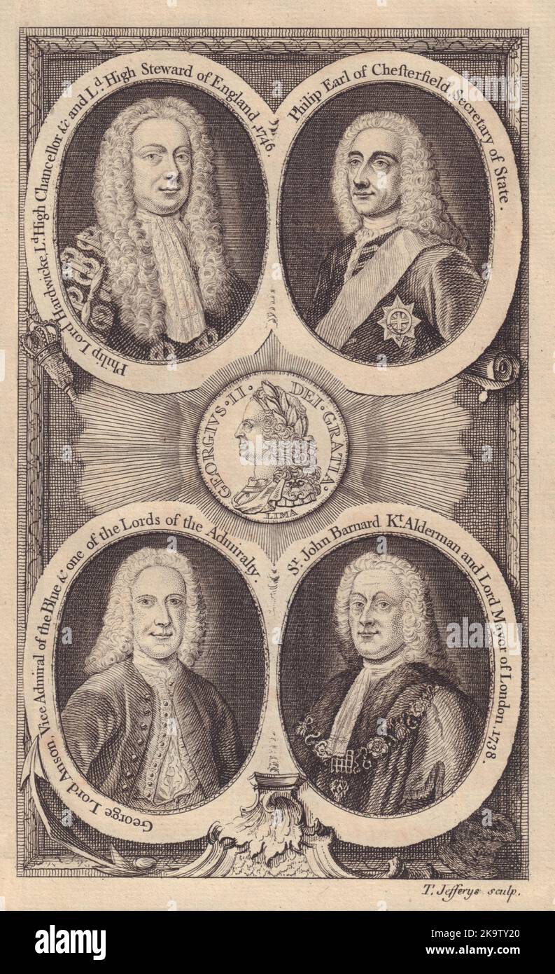 Rey Jorge II Philip Earl Hardwick Chesterfield George Anson John Barnard 1747 Foto de stock