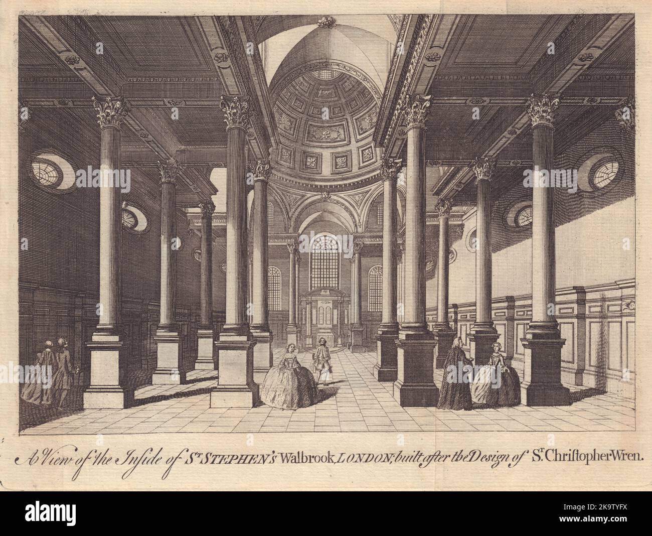 Interior de St Stephen's Walbrook, Londres. Señor. Impresión de Christopher Wren 1750 Foto de stock