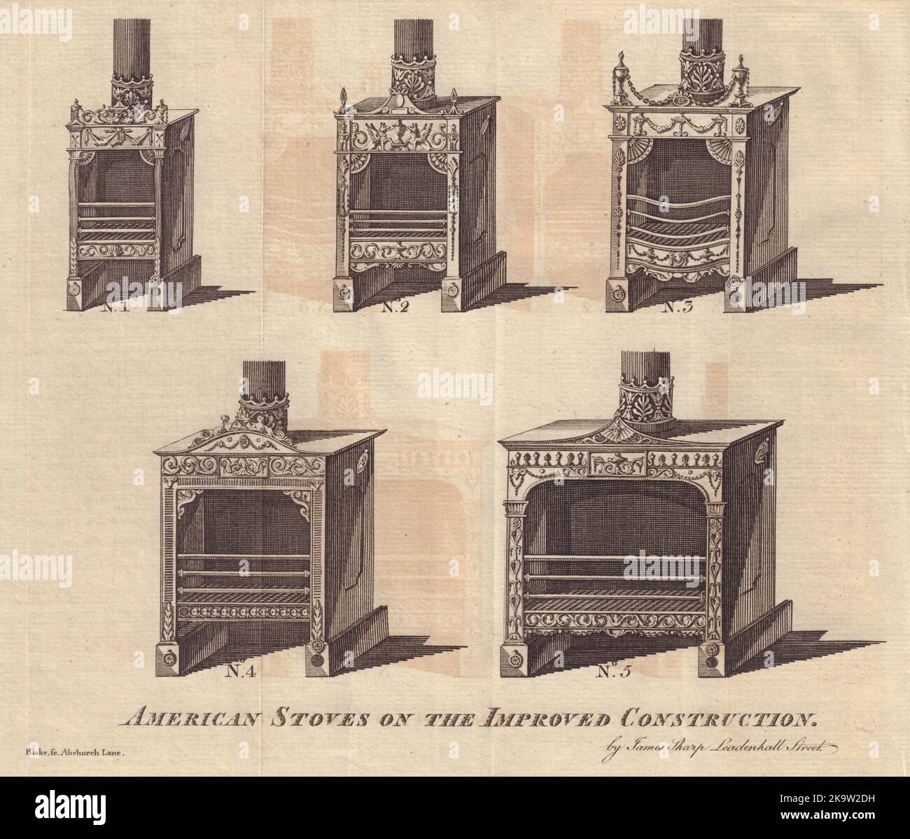Estufas americanas en la construcción mejorada inventada por Franklin 1781 impresión Foto de stock