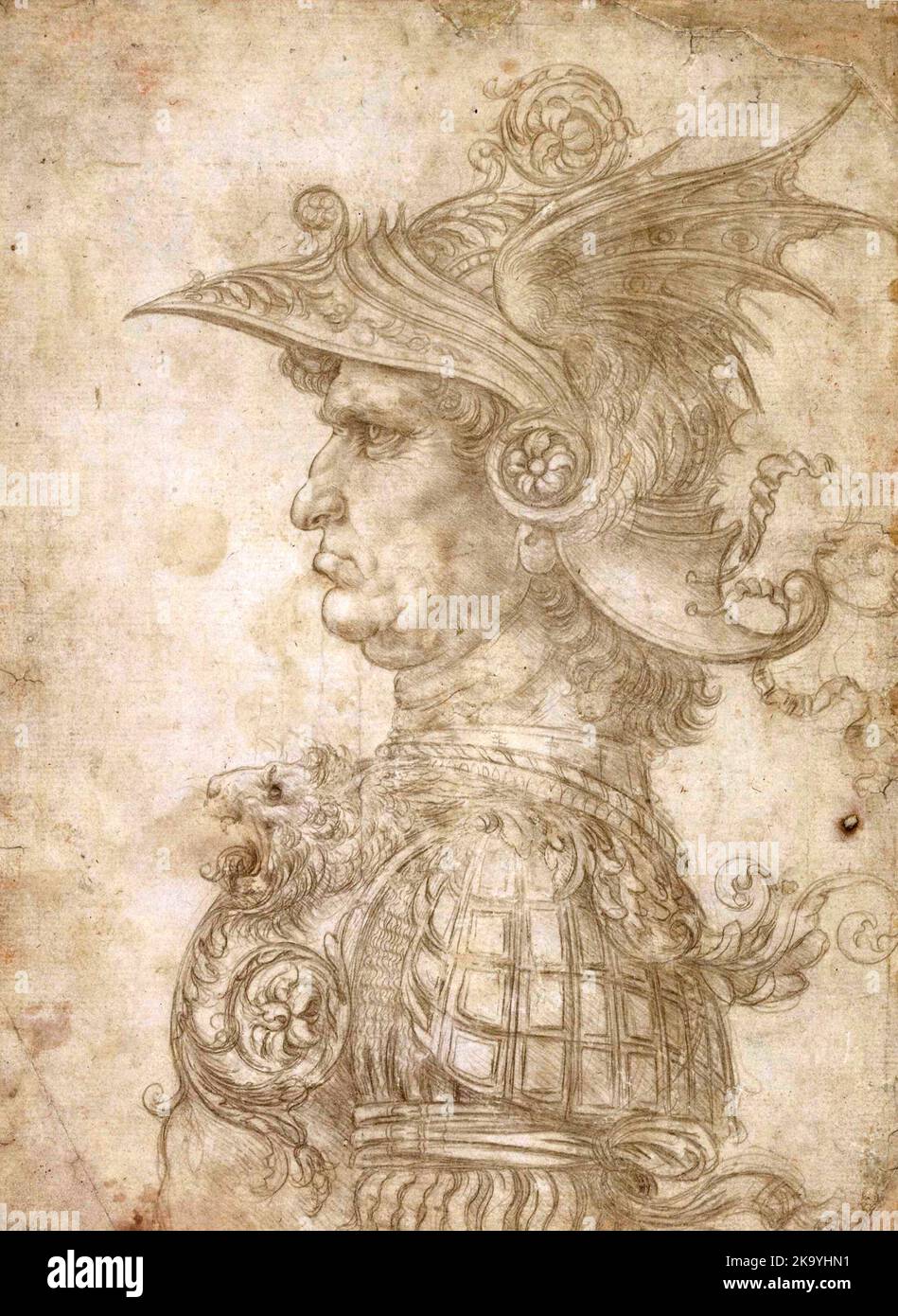Antiguo guerrero de perfil, 1472. Ilustración de Leonardo da Vinci Foto de stock
