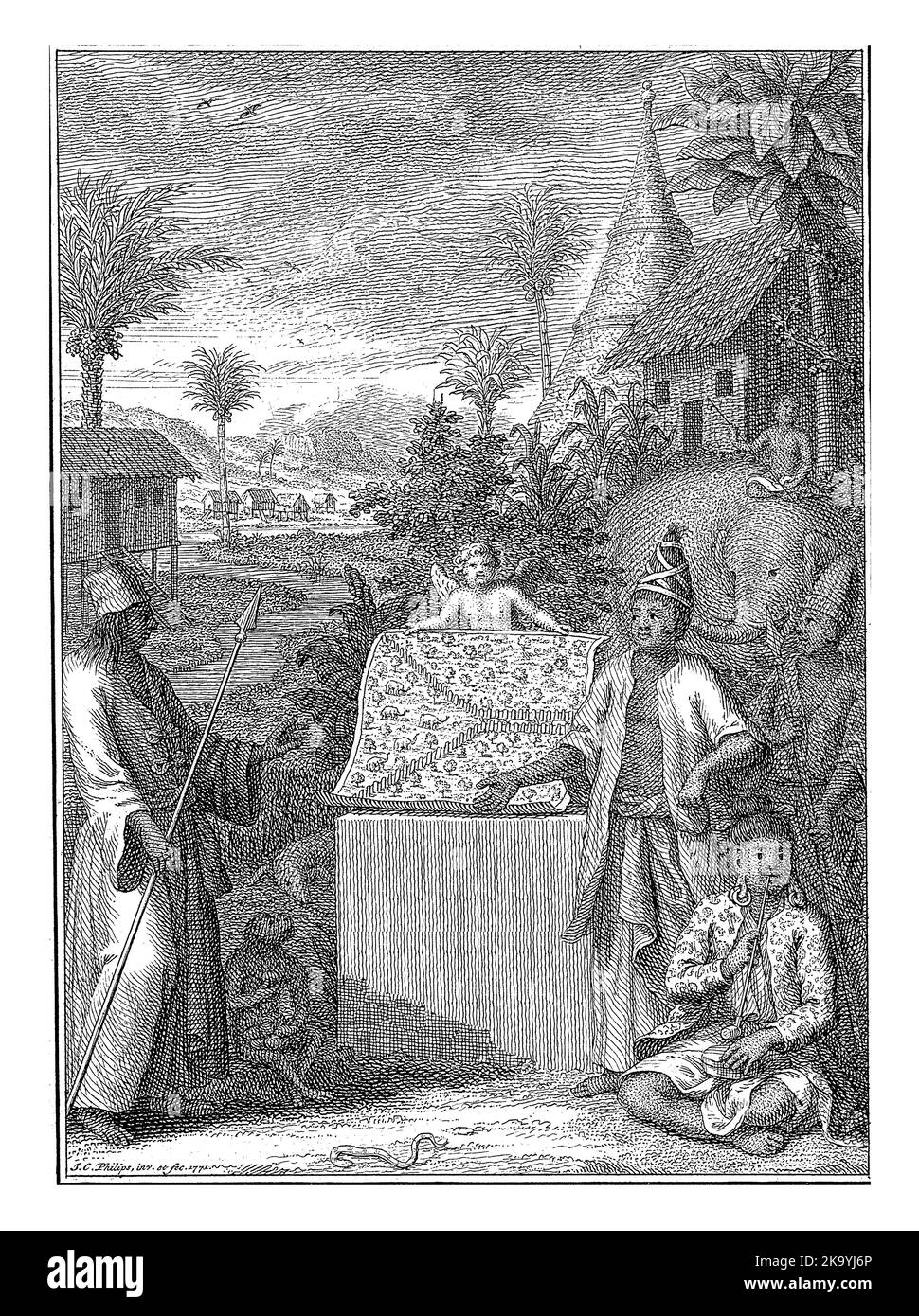 Alegoría de las Indias Orientales, Jan Caspar Philips, 1771 paisaje exótico con animales exóticos y gente con ropa tradicional que representa el Oriente Ind Foto de stock