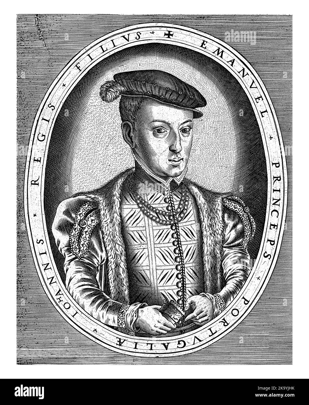 Retrato a la derecha de Johan Manuel de Portugal en un óvalo con su nombre y título en latín. Foto de stock