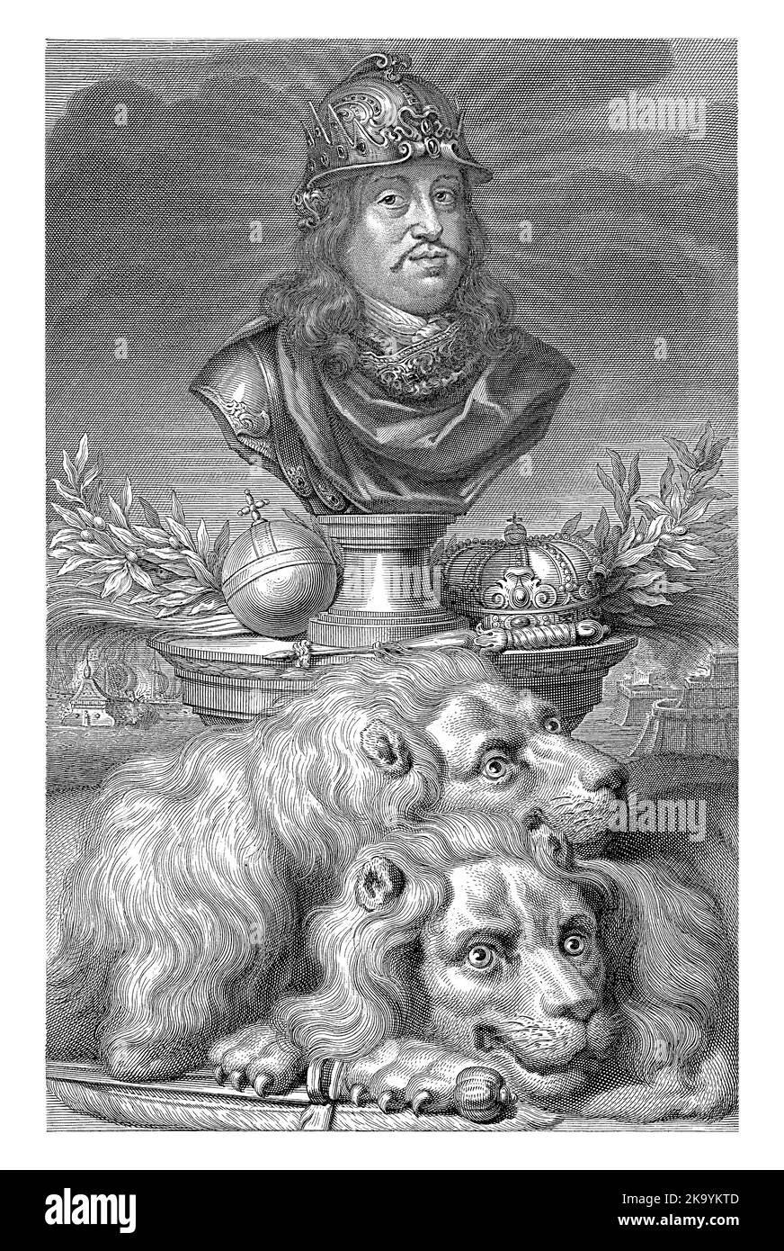 Retrato de Carlos XI, rey de Suecia, como busto esculpido sobre un pedestal. Lleva un casco ricamente decorado, sobre el pedestal se encuentra su cetro, corona A Foto de stock