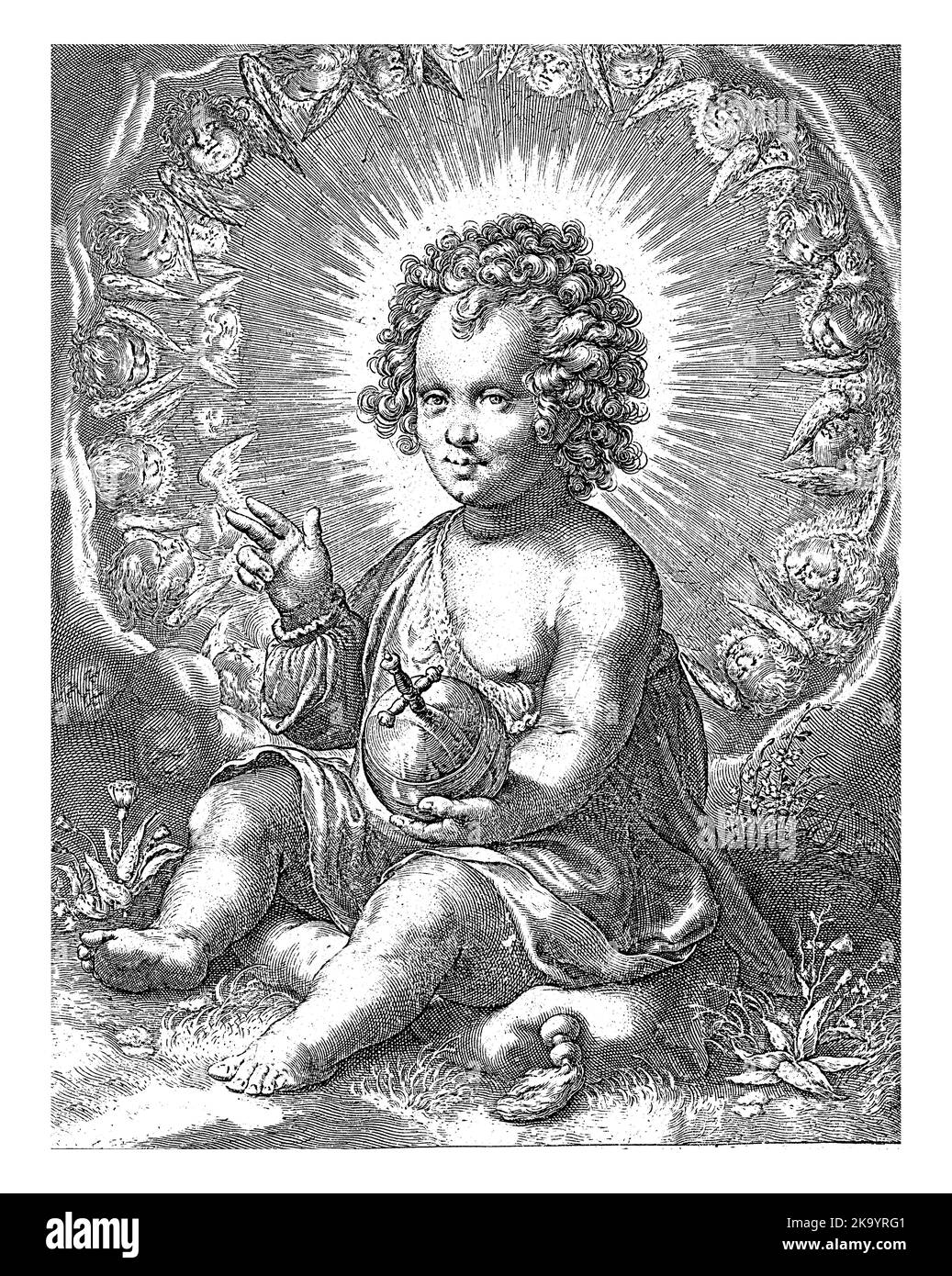 El Niño Cristo como Salvator Mundi, sentado en un cojín y rodeado por una corona de querubines El Niño Cristo como Salvator Mundi, sentado en un cojín y rodeado por una corona de querubines