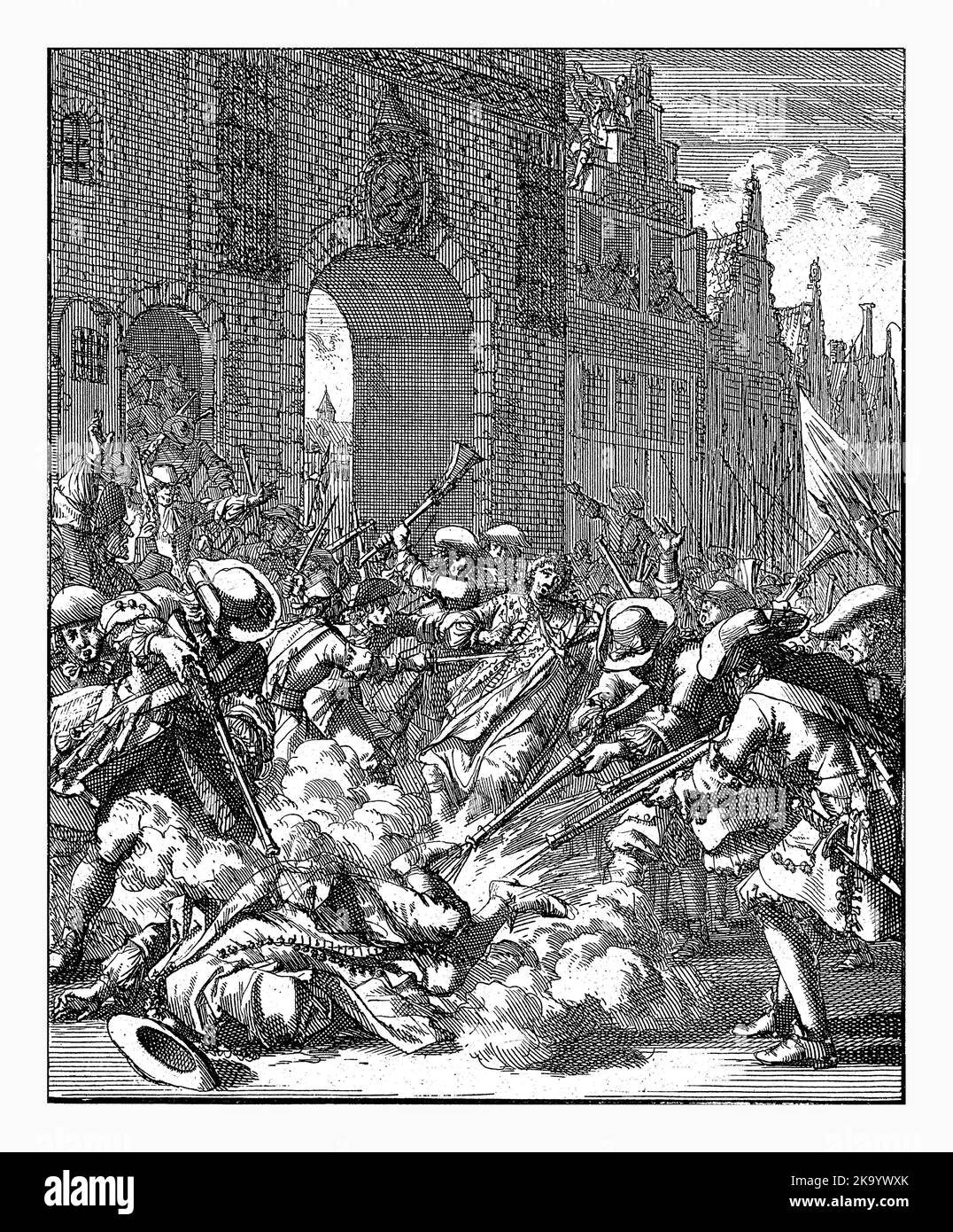 El asesinato de los hermanos De Witt, 1672, Jan Luyken, 1698 El asesinato de Johan y Cornelis de Witt, 20 de agosto de 1672. Los hermanos son asesinados por un ang Foto de stock