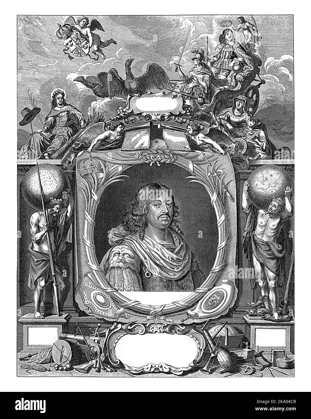 Retrato de Karel Gustav, rey de Suecia. Sobre las nubes Karel Gustaf se sentó en un carruaje con un cetro en la mano. El carro está accionado por Foto de stock