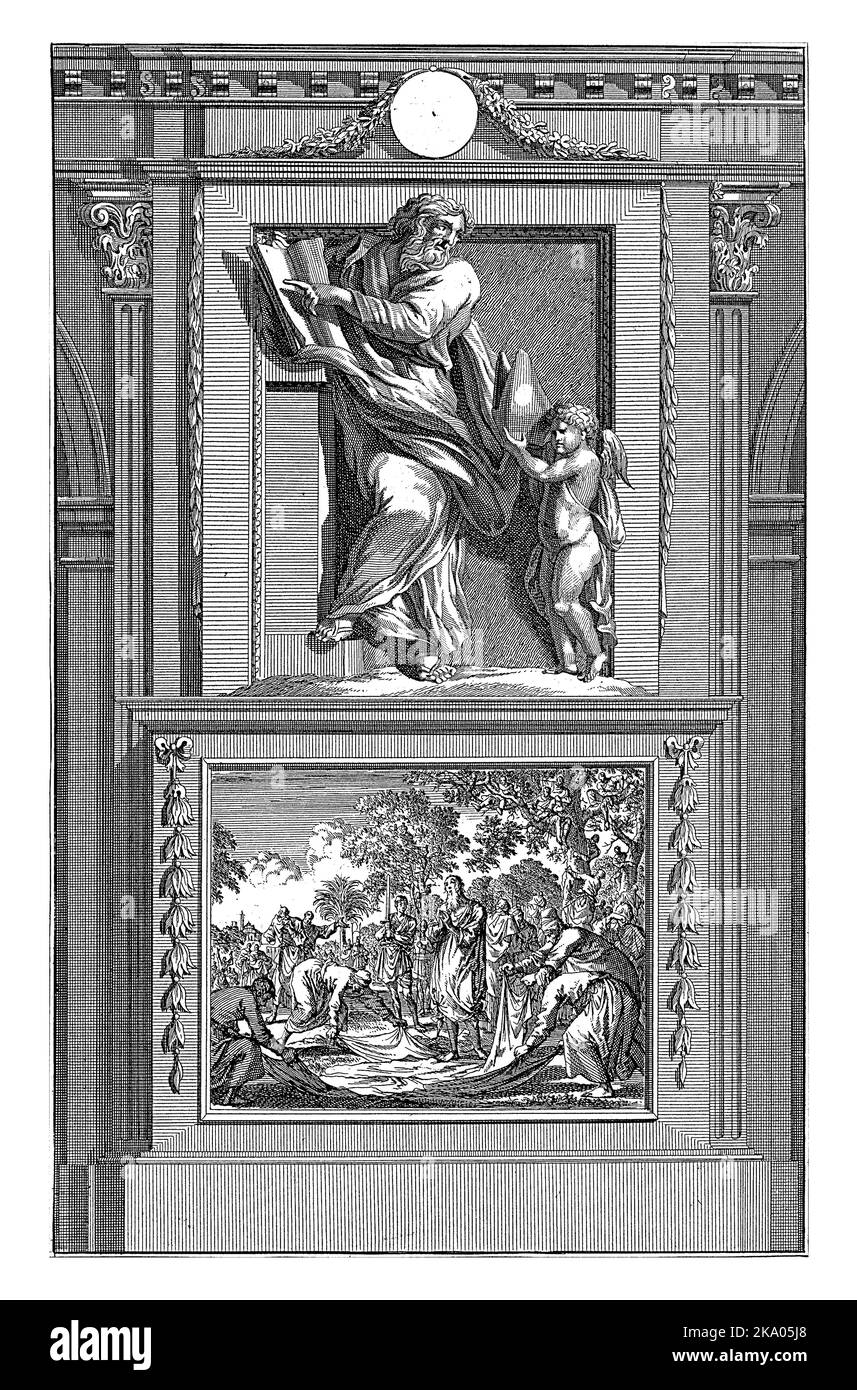 San Cipriano de Cartago, Jan Luyken, después de Jan Goeree, 1698 San Cipriano de Cartago señala un ángel con una mitra a un pasaje en un libro. Foto de stock