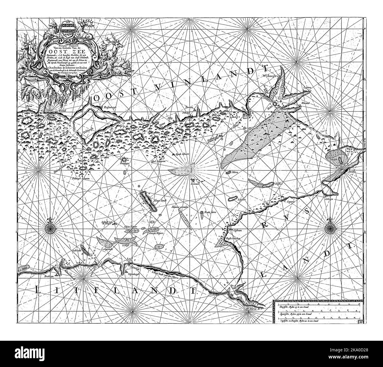 Mapa del Golfo Oriental de Finlandia, con dos rosas de brújula, el norte está arriba. Arriba a la izquierda Un cartouche con el título y la dirección del editor, decorado w Foto de stock