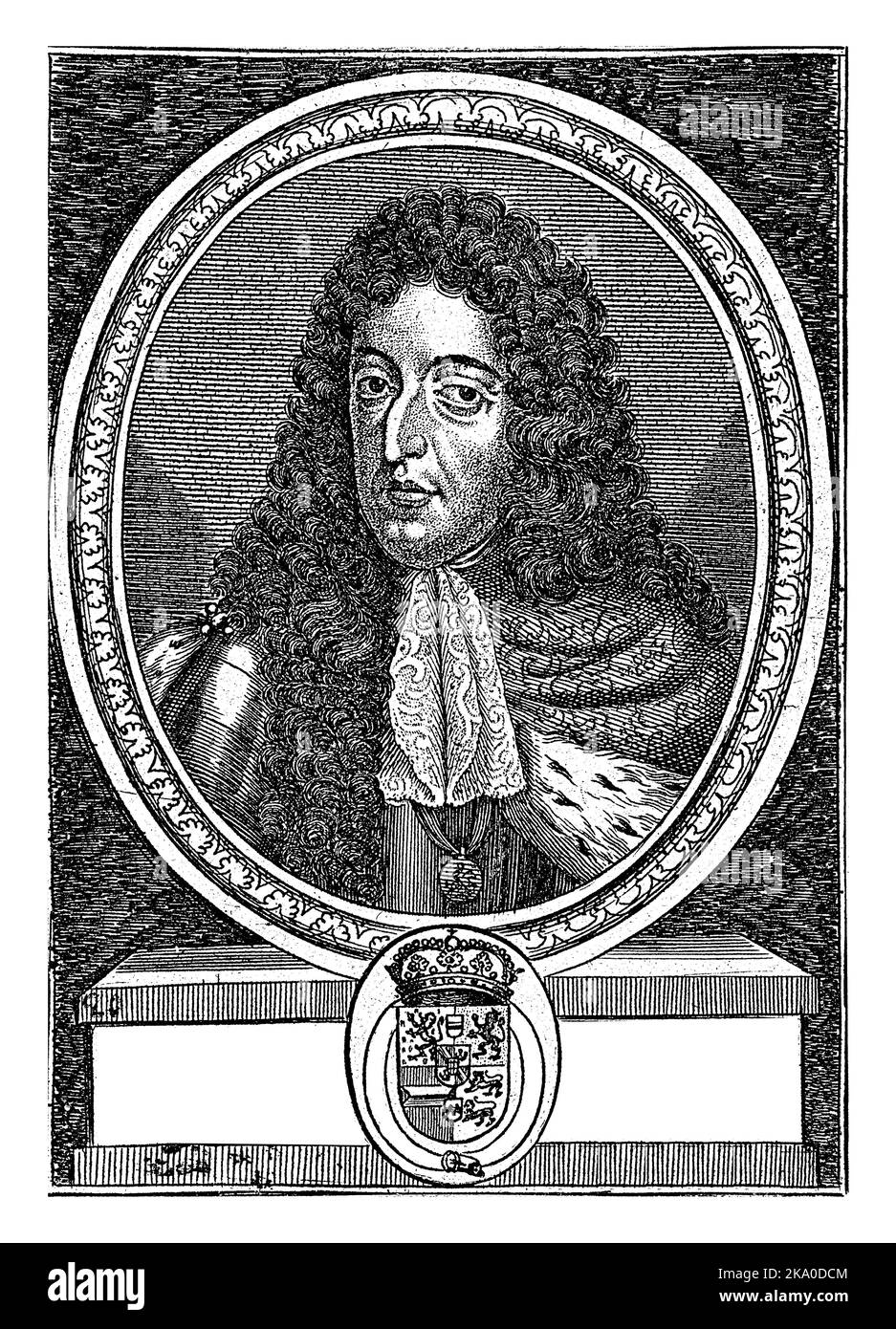 Retrato de Guillermo III en un óvalo de hojas de laurel con fechas y