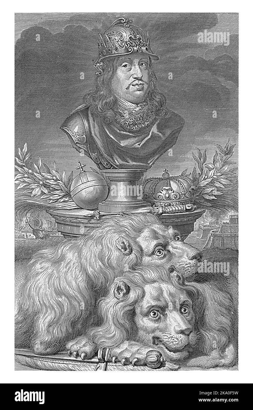 Retrato de Carlos XI, rey de Suecia, como busto esculpido sobre un pedestal. Lleva un casco ricamente decorado, sobre el pedestal se encuentra su cetro, corona A Foto de stock