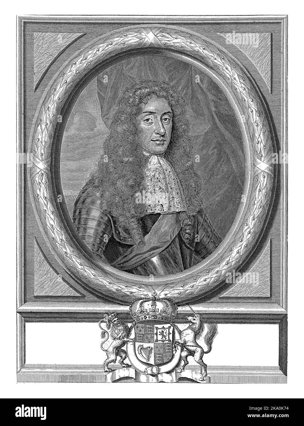 Retrato de James Stuart, rey de Inglaterra, Escocia, Francia e Irlanda, busto con armadura ovalada con corona de laurel. Foto de stock