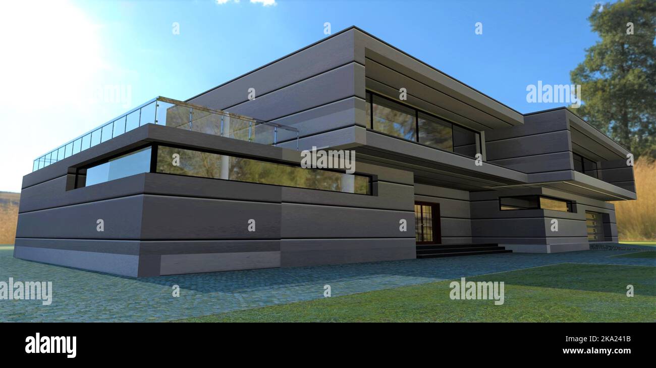 Una elegante casa de campo futurista con paneles compuestos de alta eficiencia térmica recubiertos con una aleación de metal especial. Entrada al edificio y garaje. 3d Foto de stock