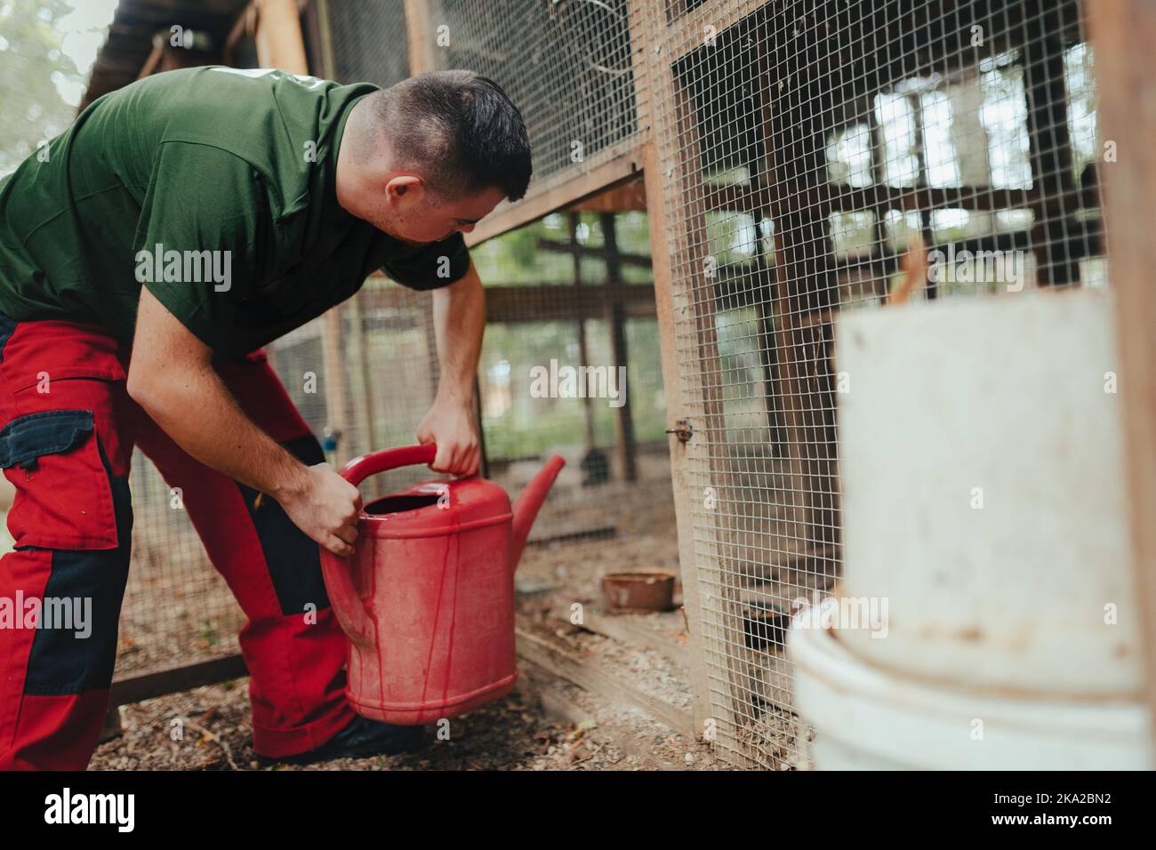 Cuidador con síndrome de Down en el zoológico dando agua en recinto animal. Concepto de integración de las personas con discapacidad en la sociedad. Foto de stock