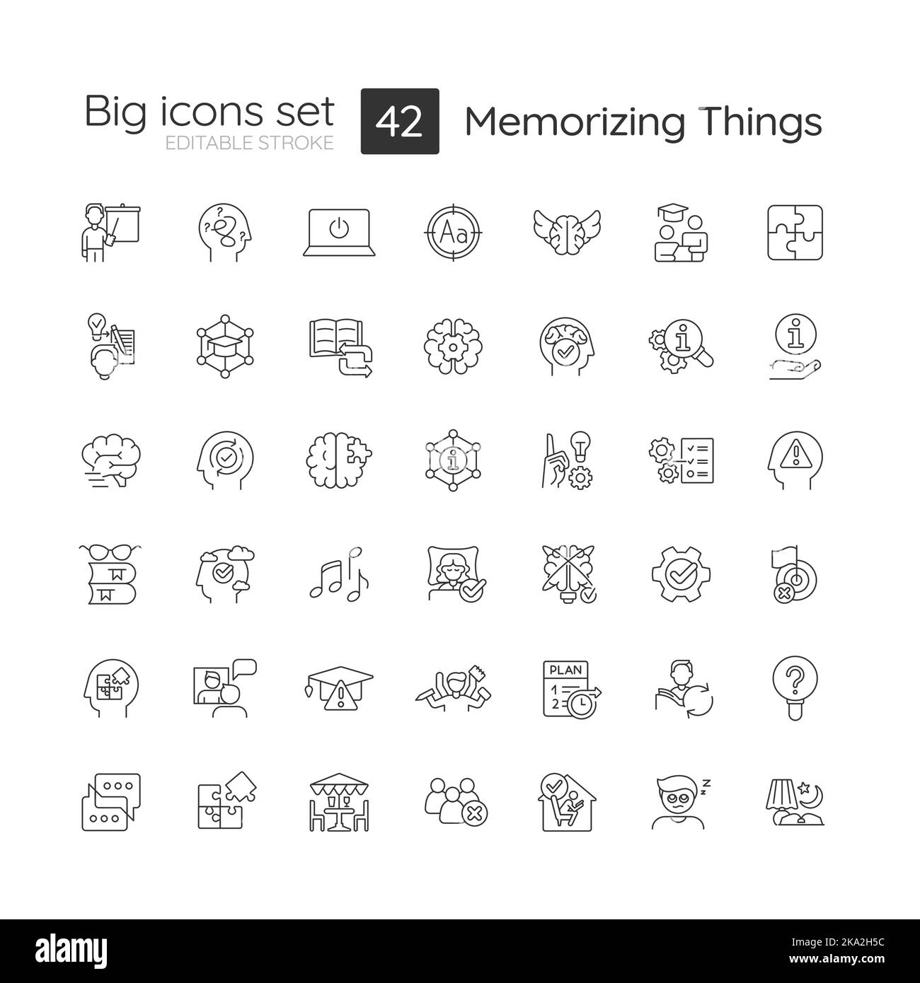 Memorización de las cosas técnica lineal iconos conjunto Ilustración del Vector