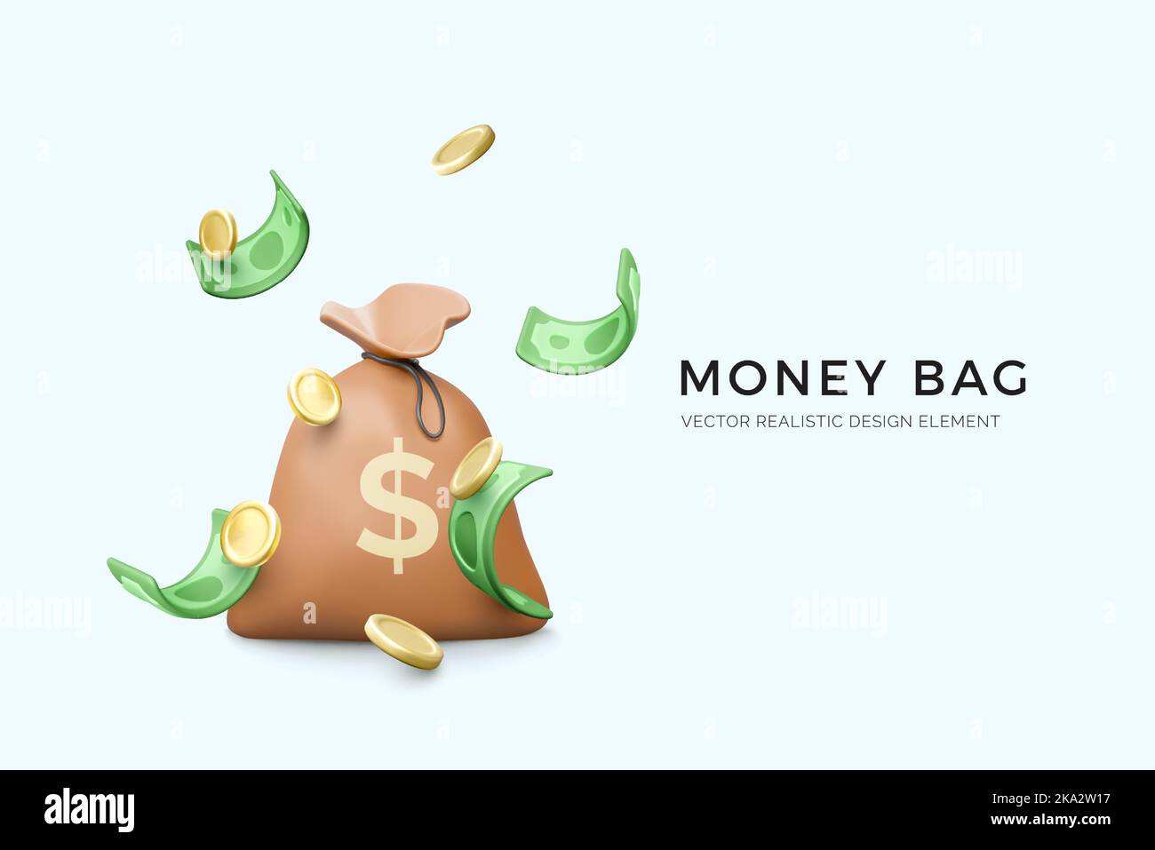 3D bolsa de dinero con signo de dólar y caída de moneda de papel verde y monedas de oro. Banner de negocios bancarios y financieros. Ilustración vectorial Ilustración del Vector