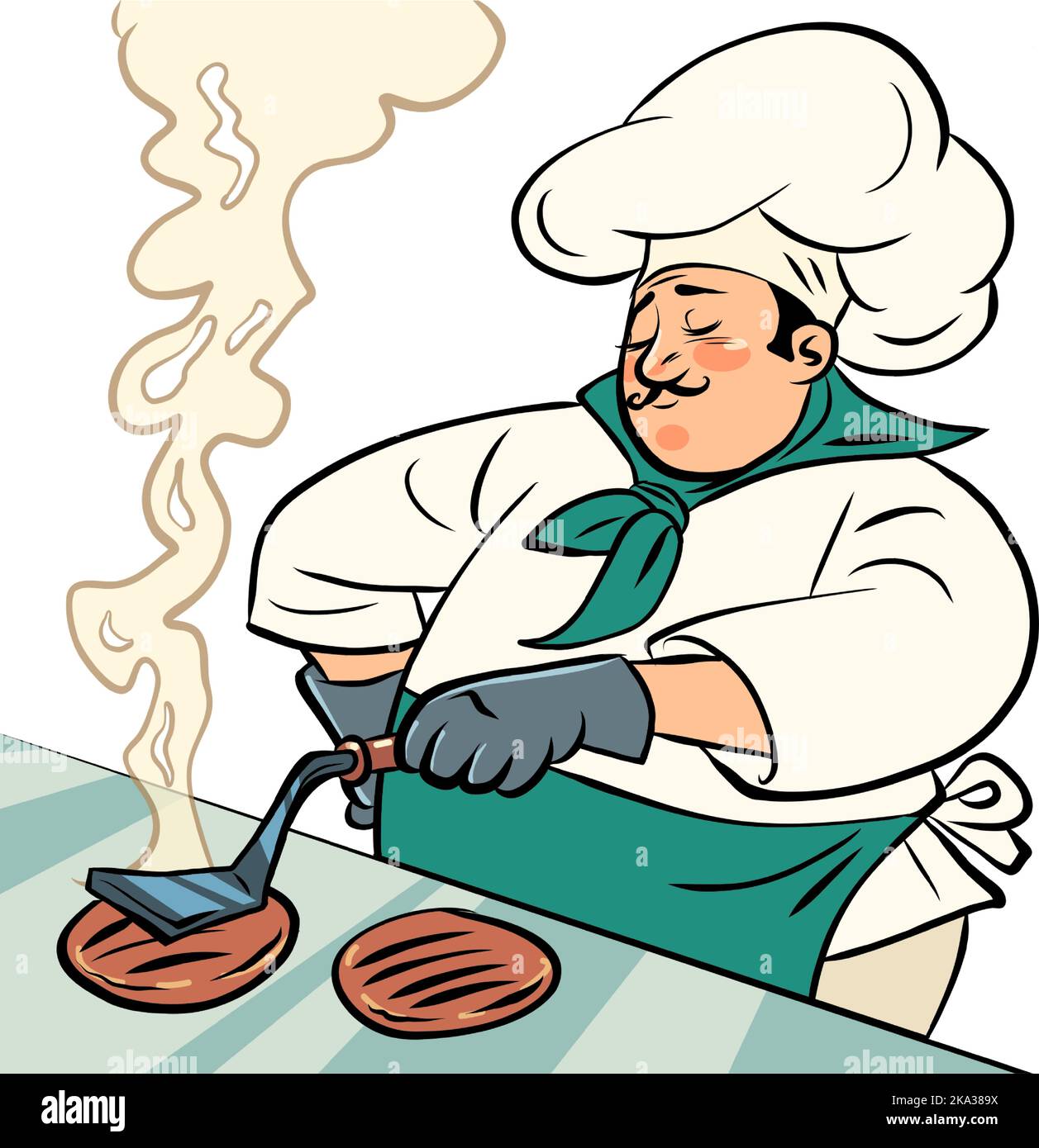 chef hombre freír chuletas para hamburguesa, comida rápida restaurante de la calle cocina Ilustración del Vector