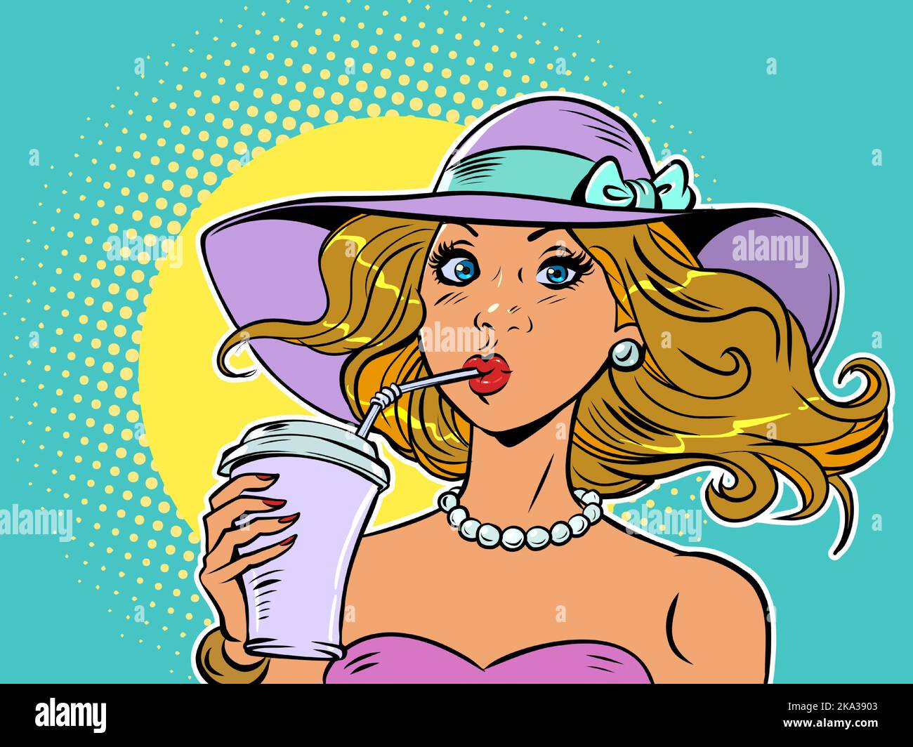 mujer en verano bebiendo cóctel tropical bebida fría, sombrero de sol Ilustración del Vector