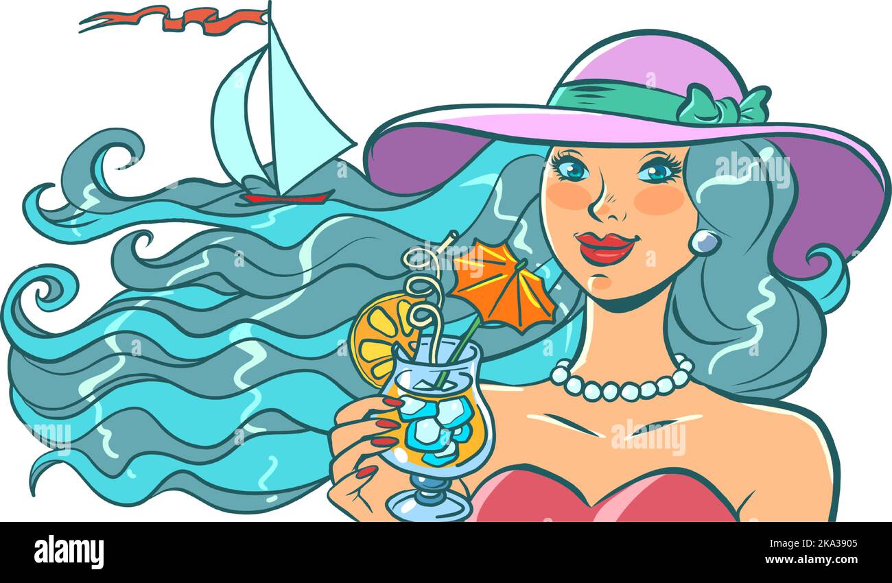 mujer en el resort junto al mar beber un cóctel tropical bebida fresca, el mar y el yate de vela Ilustración del Vector