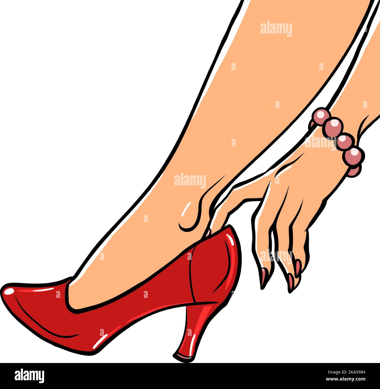 La mujer se pone zapatos rojos, chica y belleza. Accesorios de tienda, tamaño de pie Ilustración del Vector