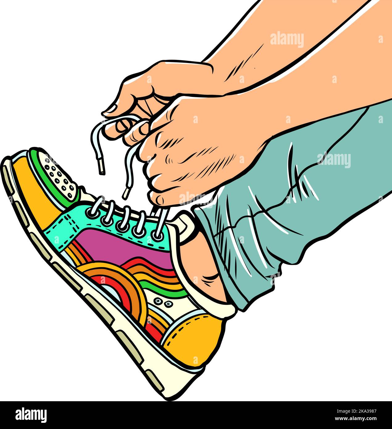 Un adolescente se pone zapatillas deportivas, primeros planos, zapatillas deportivas urbanas brillantes Ilustración del Vector