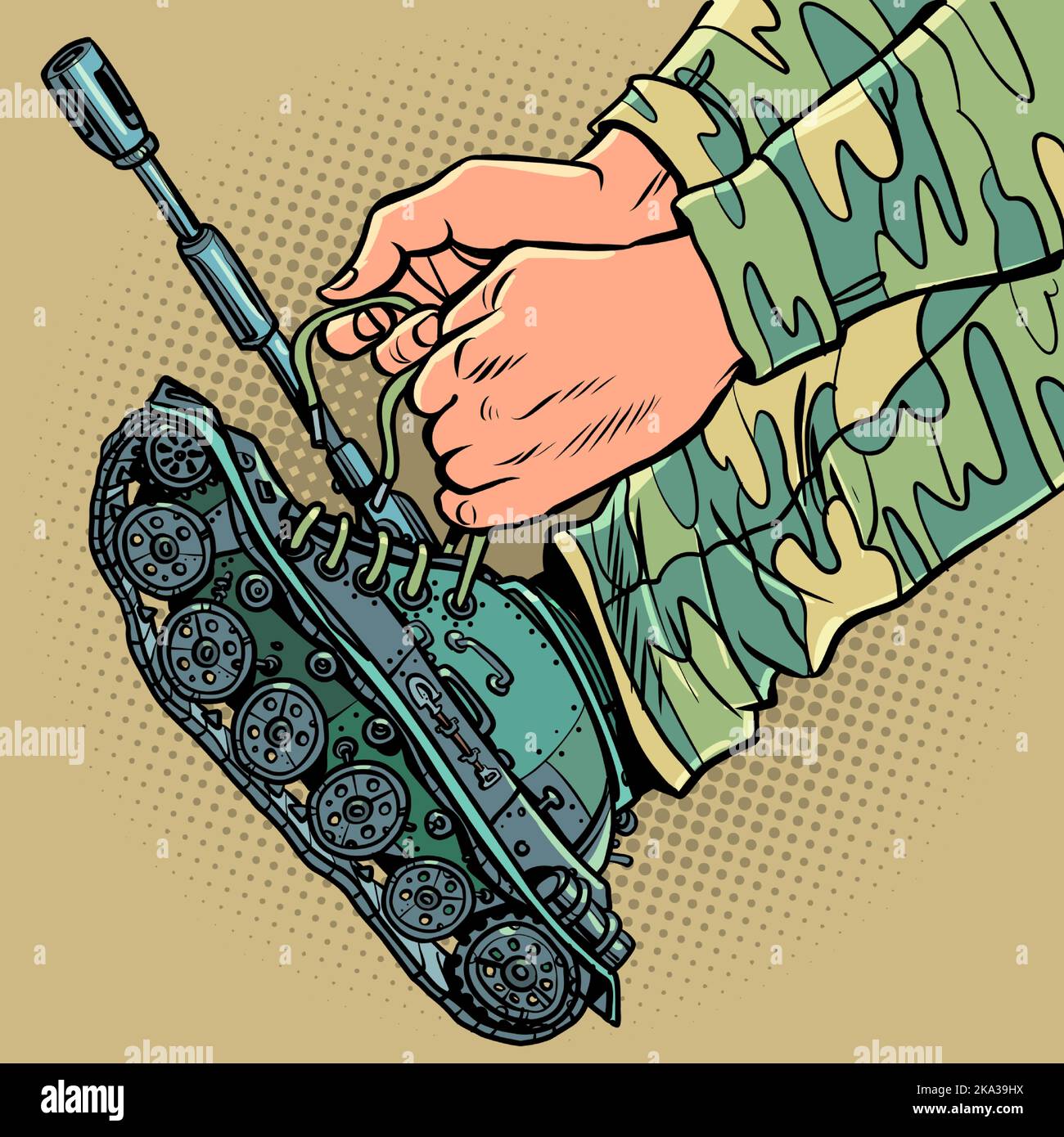 Un soldado uniformado se pone tanques en lugar de botas. Concepto de movilización militar de guerra Ilustración del Vector