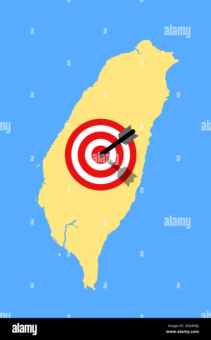Taiwán está bajo ataque, asalto y agresión agresiva. mapa taiwanés con blanco. Ilustración vectorial. Foto de stock