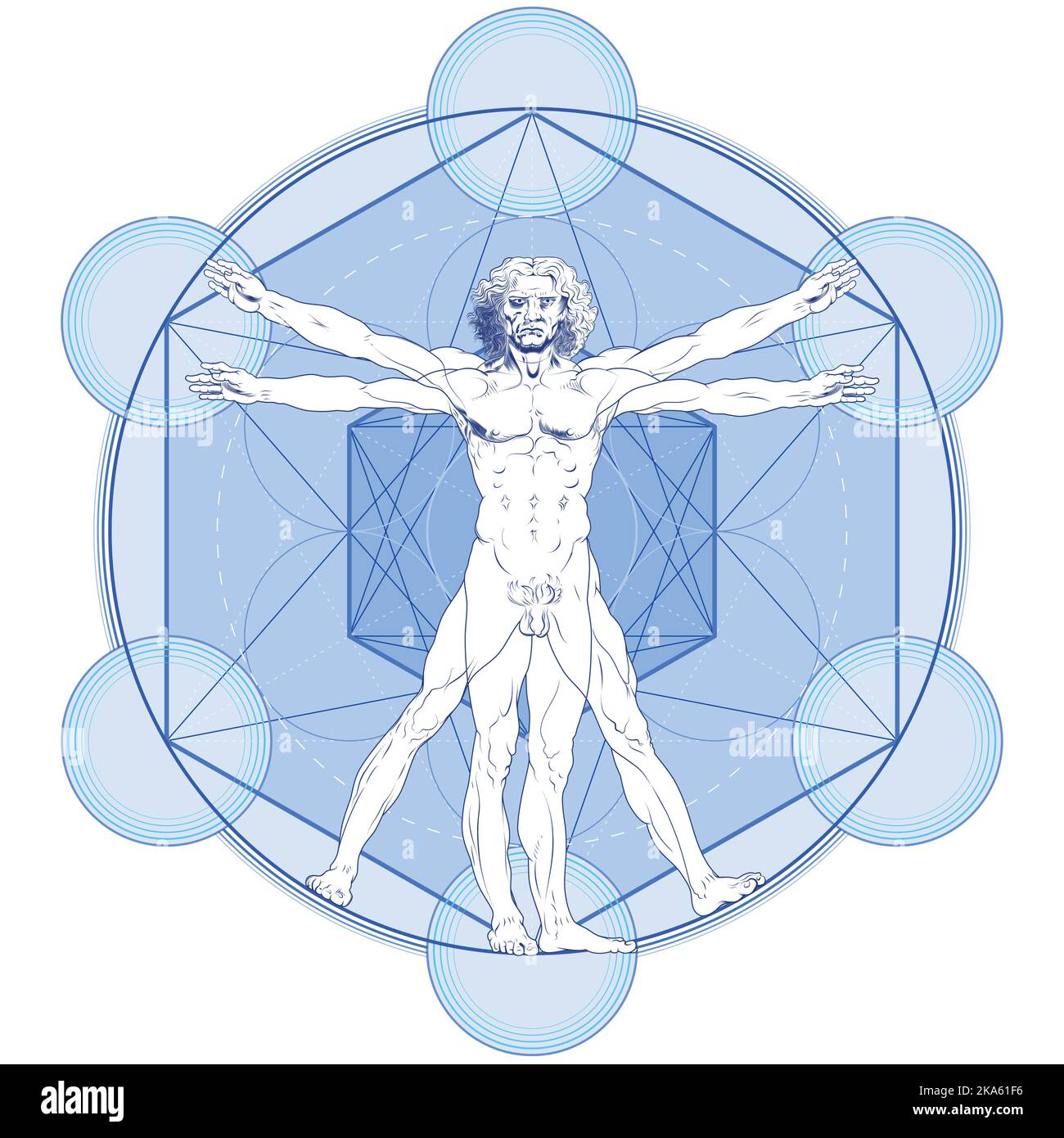 Diseño vectorial Vitruvian Man con fondo Metatrón Ilustración del Vector