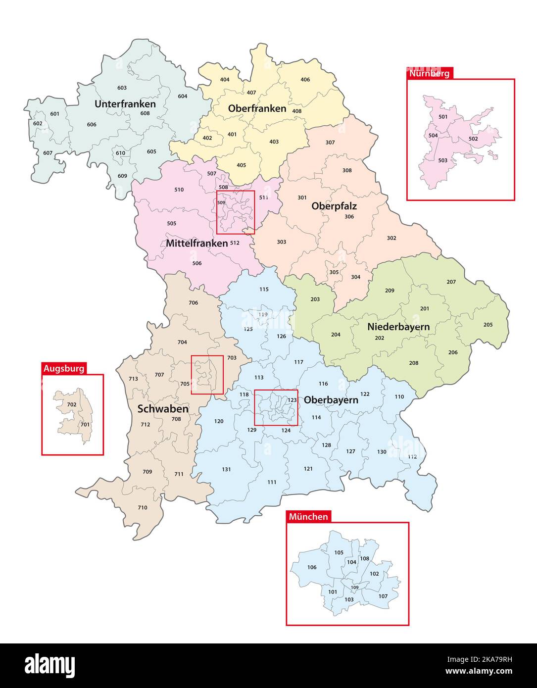 Mapa de los distritos electorales para las elecciones estatales de 2023 en Alemania, Baviera, Alemania Foto de stock