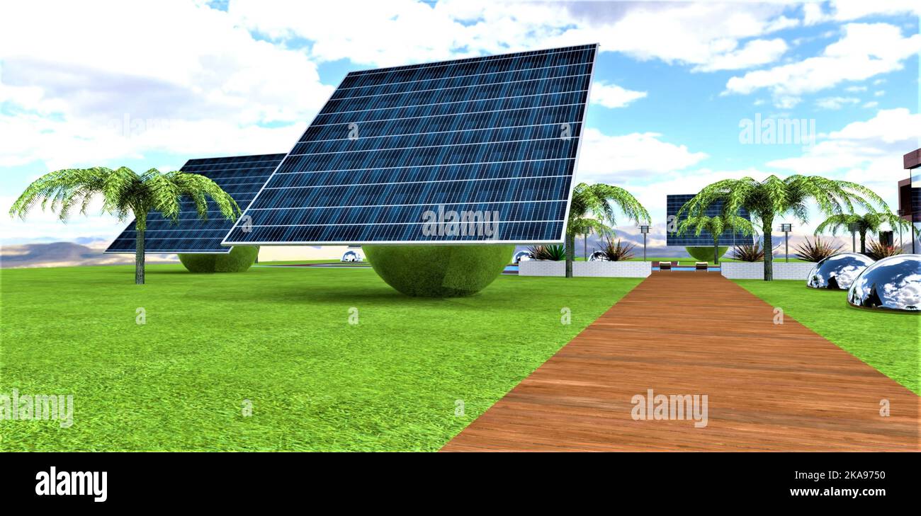 Paneles fotovoltaicos de alta eficiencia en bolas de acero giratorias para aumentar la cantidad de energía solar recibida. Central eléctrica optimizada totalmente autónoma. 3 Foto de stock