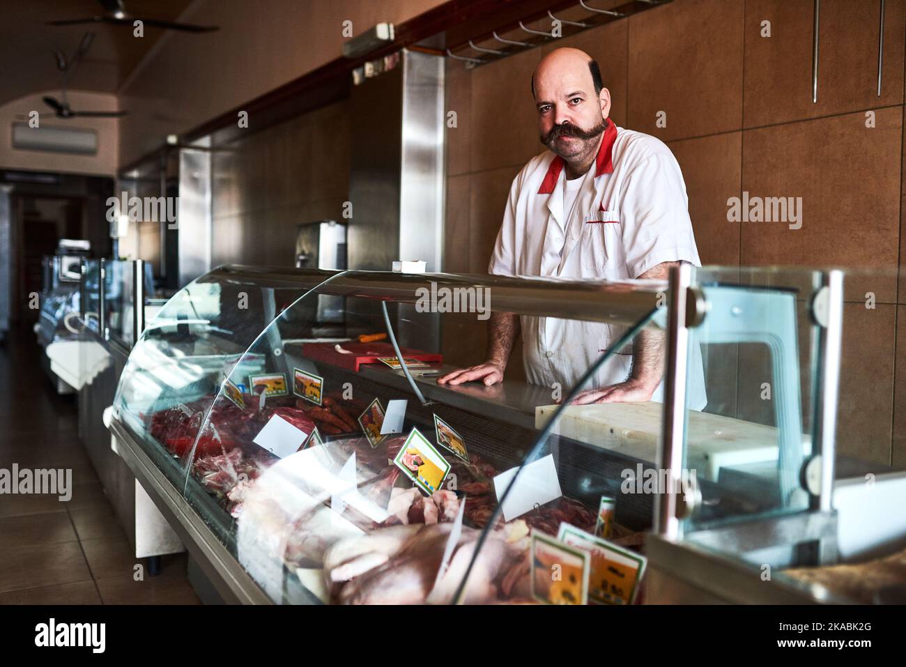 Tengo mis mejores cortes en la exhibición. Un carnicero en su tienda. Foto de stock