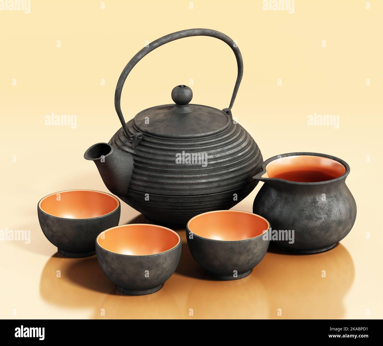 Tetera y tazas chinas de época. Ilustración 3D. Foto de stock